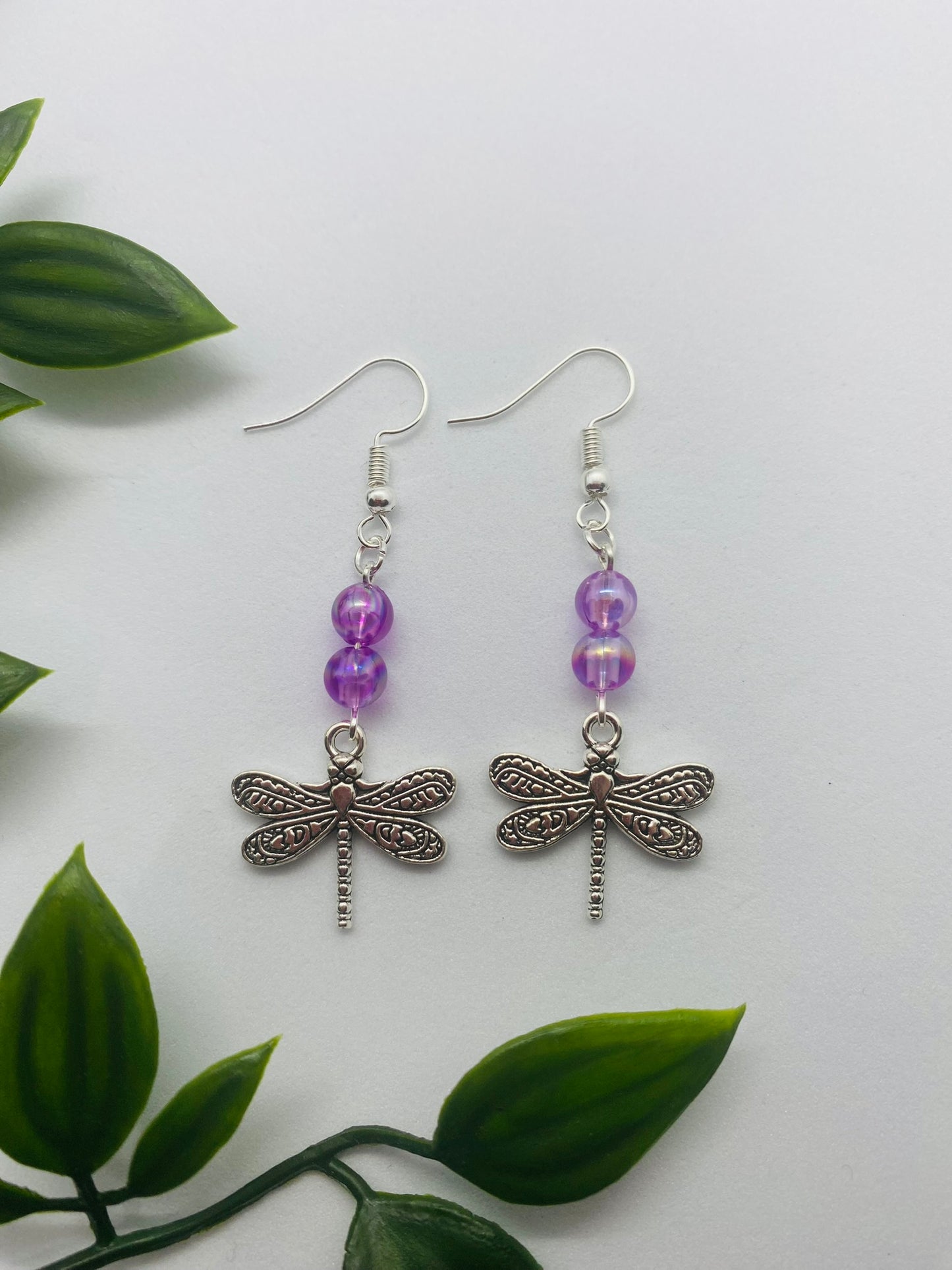 Purple Bead Dragonfly Earrings