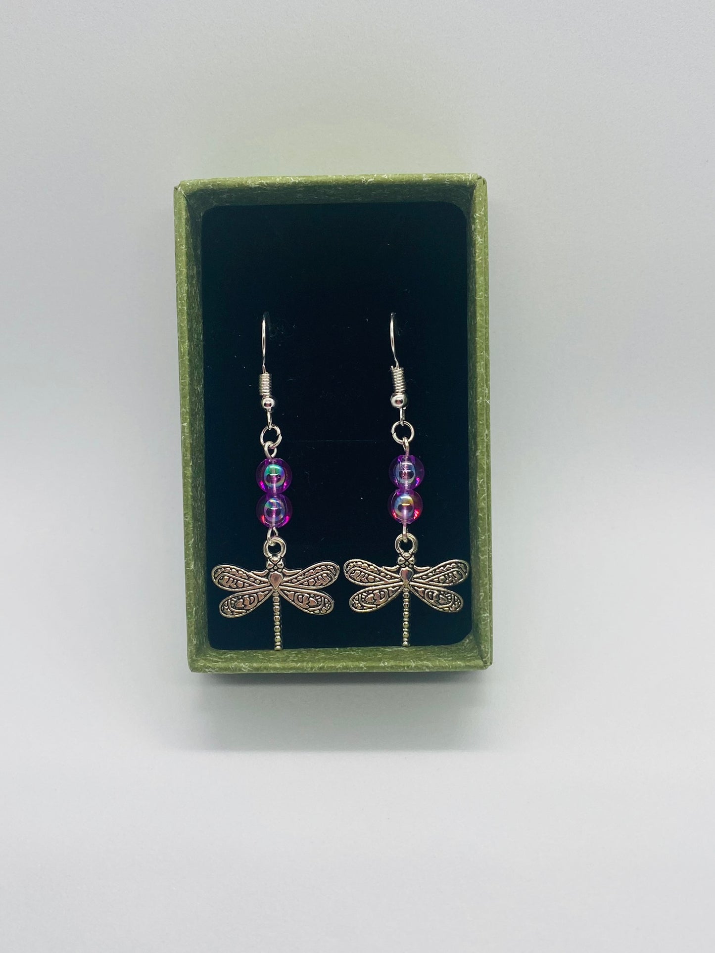 Purple Bead Dragonfly Earrings