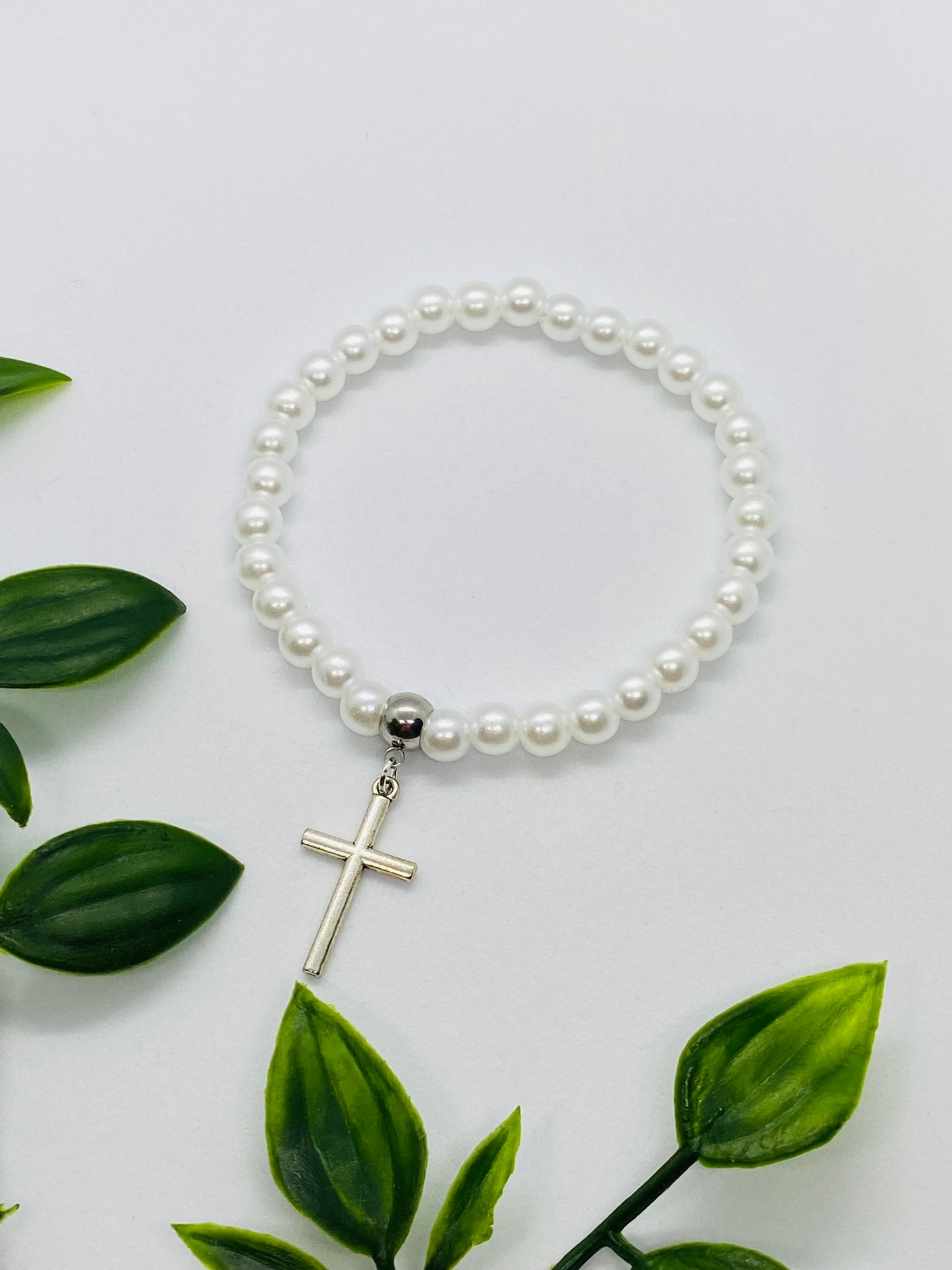 White Bead & Cross Bracelet