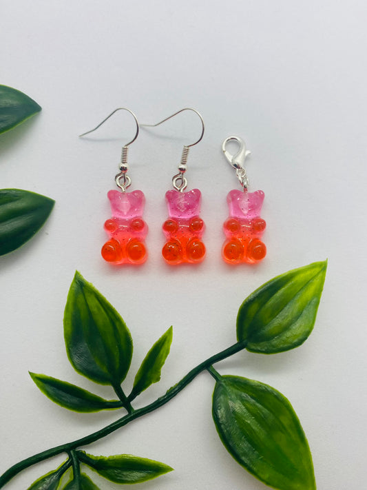 Pink And Red Bear Earring & Charm Set
