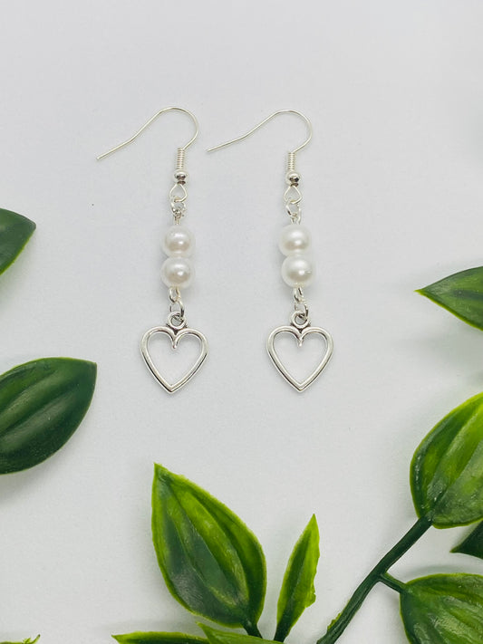 White Bead Heart Earrings