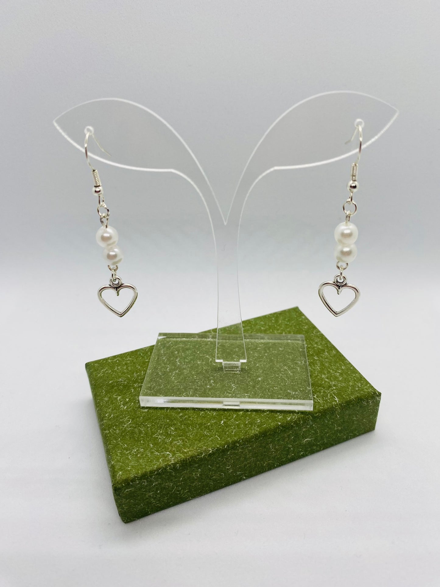 White Bead Heart Earrings