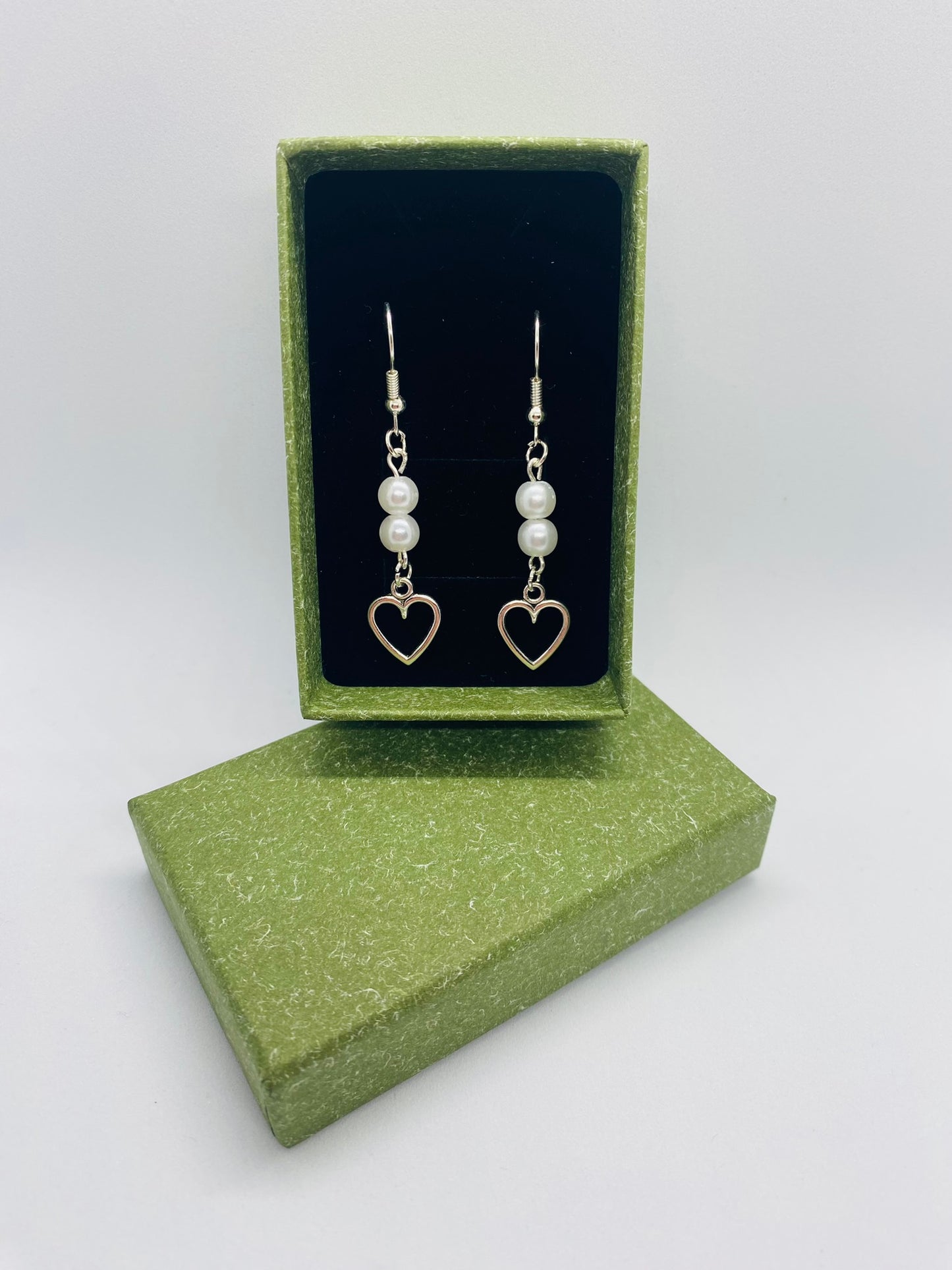 White Bead Heart Earrings