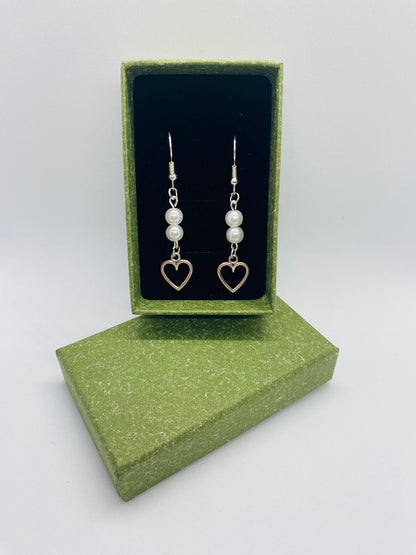 White Bead Heart Earrings