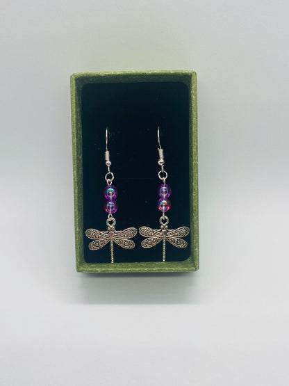 Purple Bead Dragonfly Earrings