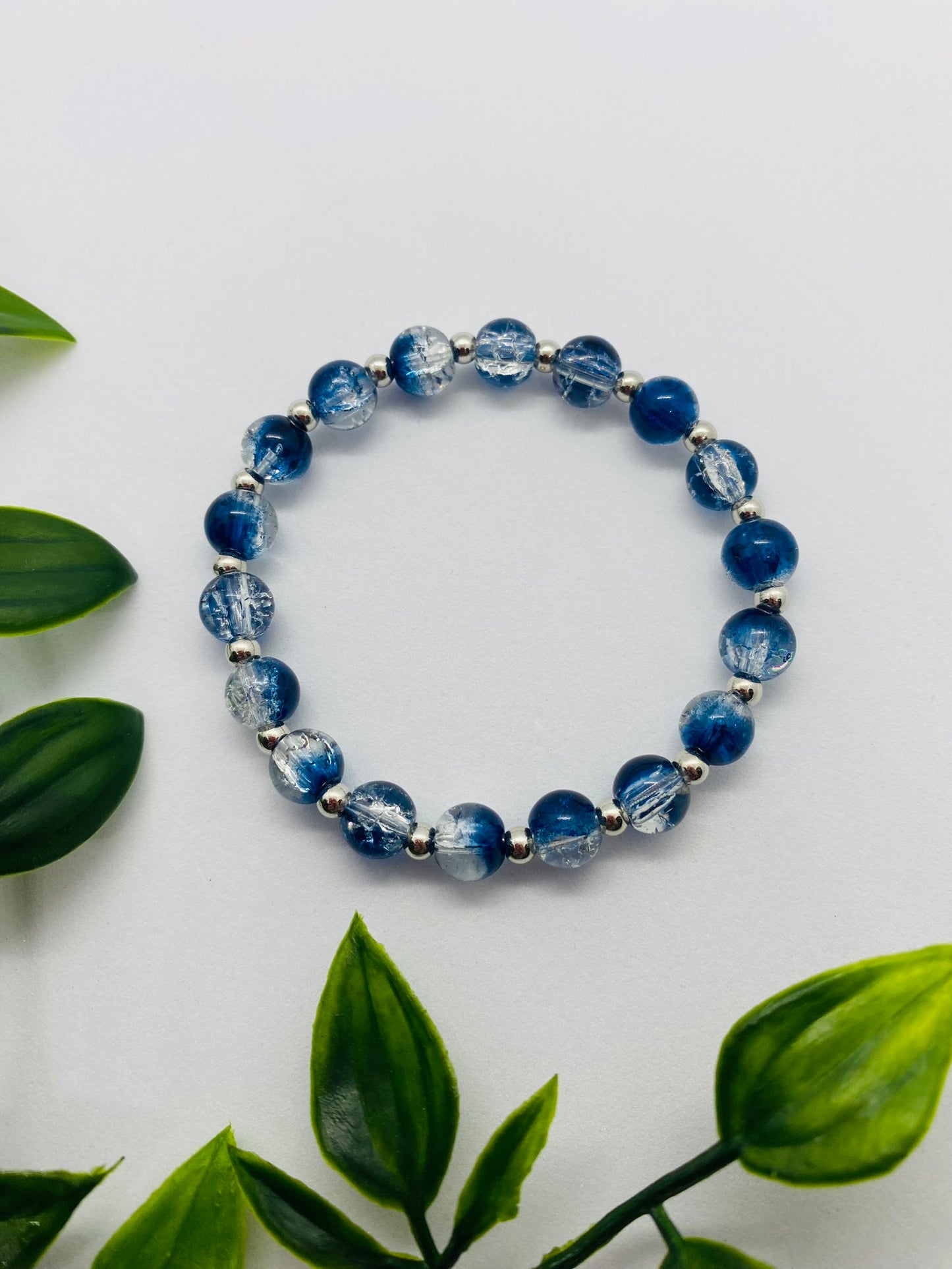 Two Tone Blue Glass & Silver Ball Bead Bracelet