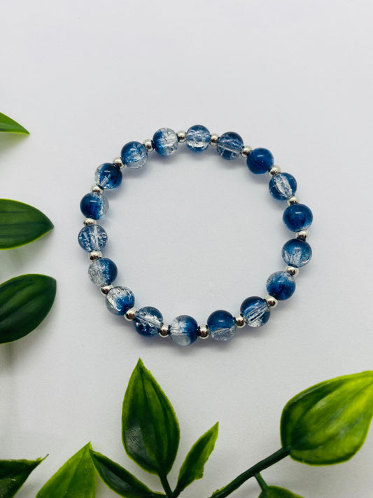 Two Tone Blue Glass & Silver Ball Bead Bracelet